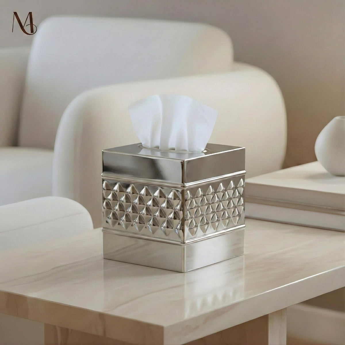 Monarch Abode - Funda Cuadrada de Tela geométrica Hecha a Mano con Relieve, Soporte de níquel y Cromo, Accesorios Cuadrados de Metal para aparador, Soporte Decorativo para Caja de pañuelos, Cubierta