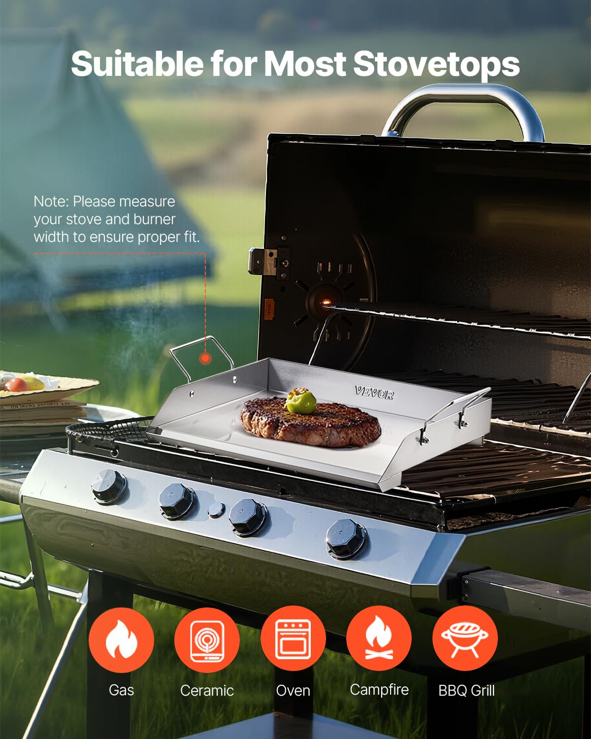 VEVOR - Plancha de acero inoxidable, placa rectangular universal de 18 x 16 pulgadas, plancha de parrilla de gas para parrilla de barbacoa, Teppanyaki, utensilios de cocina familiar portátil con asa,