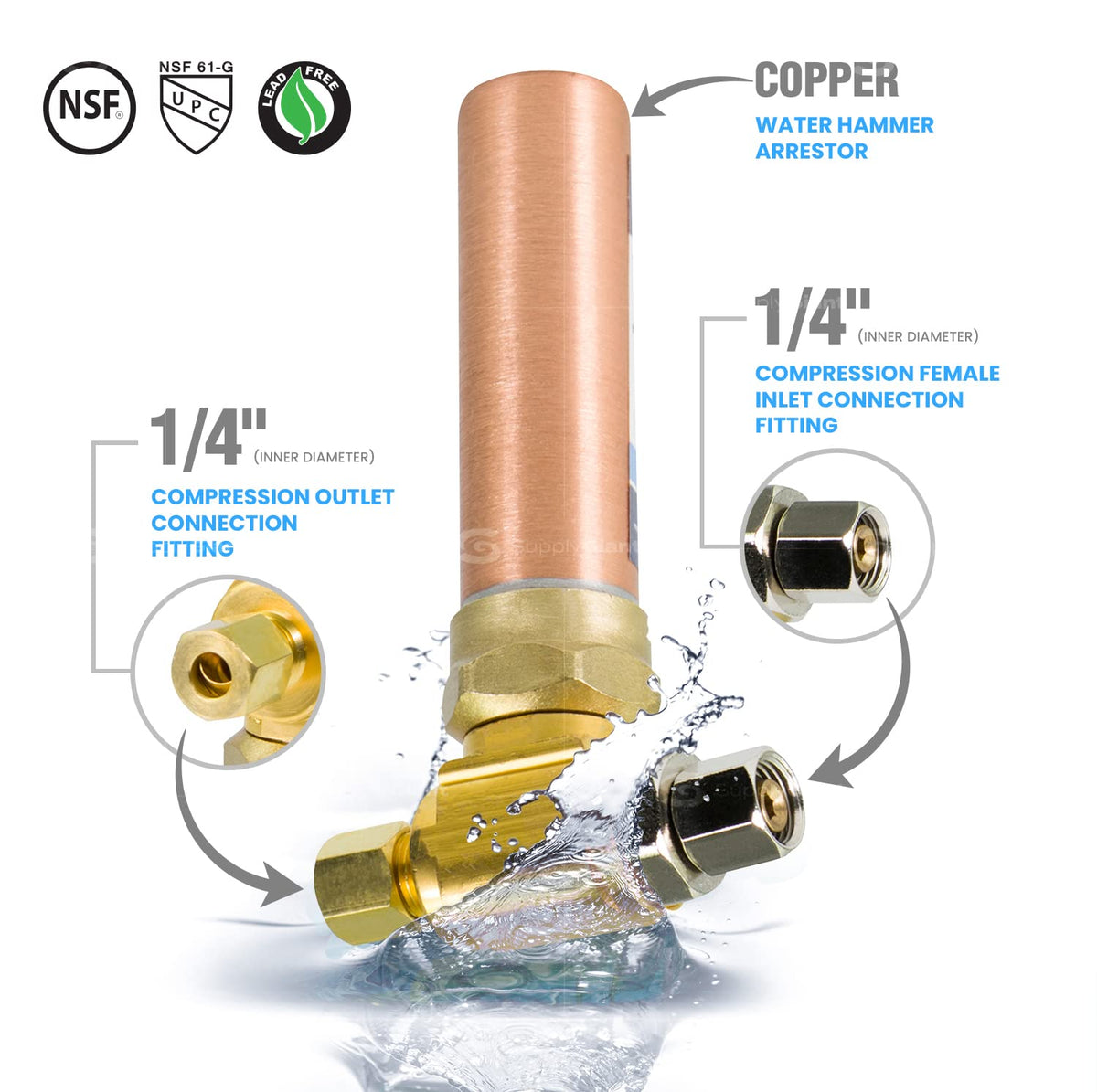 SUPPLY GIANT IS-BB-36DPNQ Supresor de martillo en T de compresión, AA 1/4 pulg. OD COMP x 1/4 pulg. OD Femail, cobre