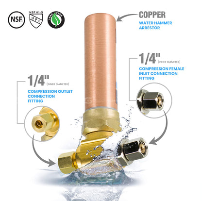 SUPPLY GIANT IS-BB-36DPNQ Supresor de martillo en T de compresión, AA 1/4 pulg. OD COMP x 1/4 pulg. OD Femail, cobre