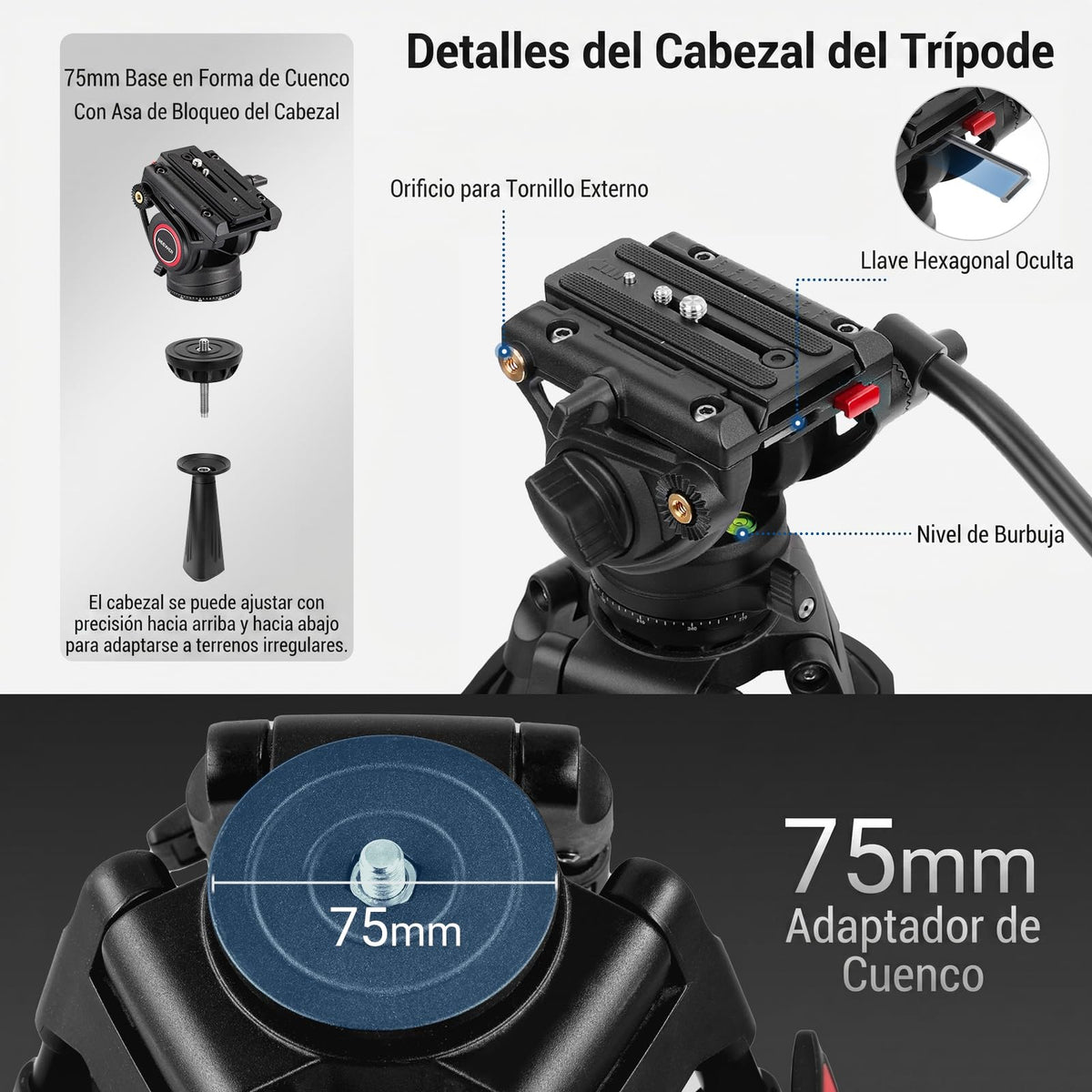 NEEWER Trípode de Vídeo Profesional de 74 "con Cabeza Fluida, Placa QR Compatible con dji RS Gimbals, Trípode de Cámara Resistente con Mango Telescópico Base Rscalada, Carga Máxima 8kg, TP74