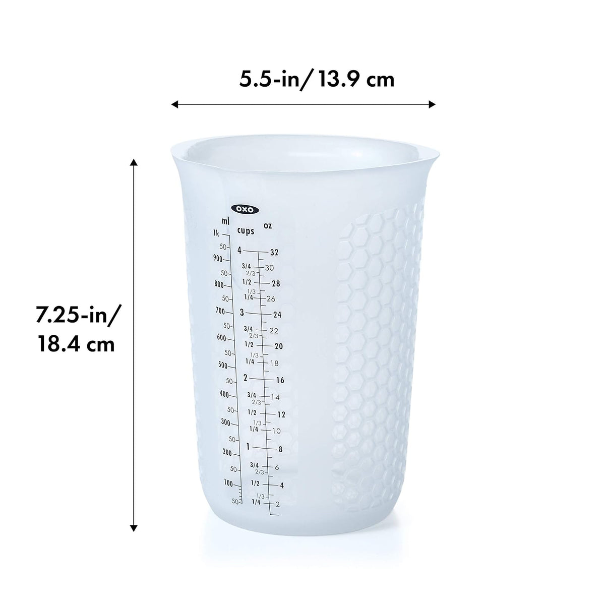 OXO Good Grips 1-cup Squeeze & Pour taza de medir de silicona con Stay-Cool patrón, Transparente, 4 tazas, 1