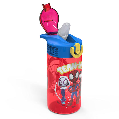 Zak Designs Marvel Spider-Man - Botella de agua para niños con tapa de boquilla y bucle de transporte, plástico duradero, diseño a prueba de fugas para viajes (16 onzas, paquete de 2, Spidey y sus
