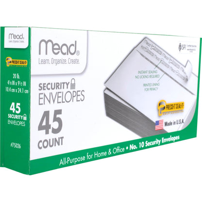 Mead Sobres de Seguridad Blancos con Cierre Autoadhesivo Press-It Seal-It, Impresión Interna de Privacidad, Tamaño Carta / #10 (24 x 10.4 cm), Paquete de 45 Piezas. 919440 (75026)