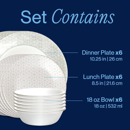 Corelle Vitrelle Vajilla de vidrio de 18 piezas, servicio para 6 personas, juegos de platos y tazones de vidrio de triple capa resistente a astillas y roturas, geométrico gris y blanco (Knox)