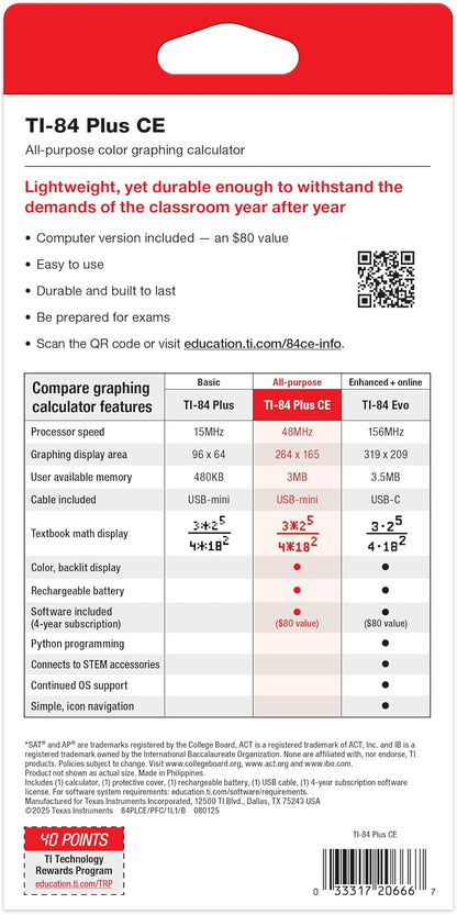 Texas Instruments - Calculadora Gráfica A Color Ti-84 Plus Ce, Negra, 7.5 Pulgadas