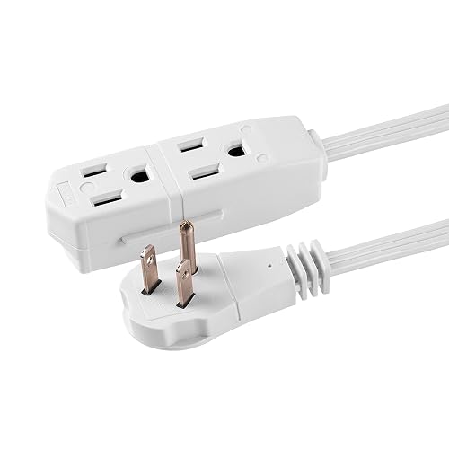 GE 56986 - Cable de extensión plano de 3 tomas, cable de extensión a tierra de 15 pies con múltiples tomas, extensor de toma de corriente de 3 clavijas, enchufe plano, calibre 16 para interiores