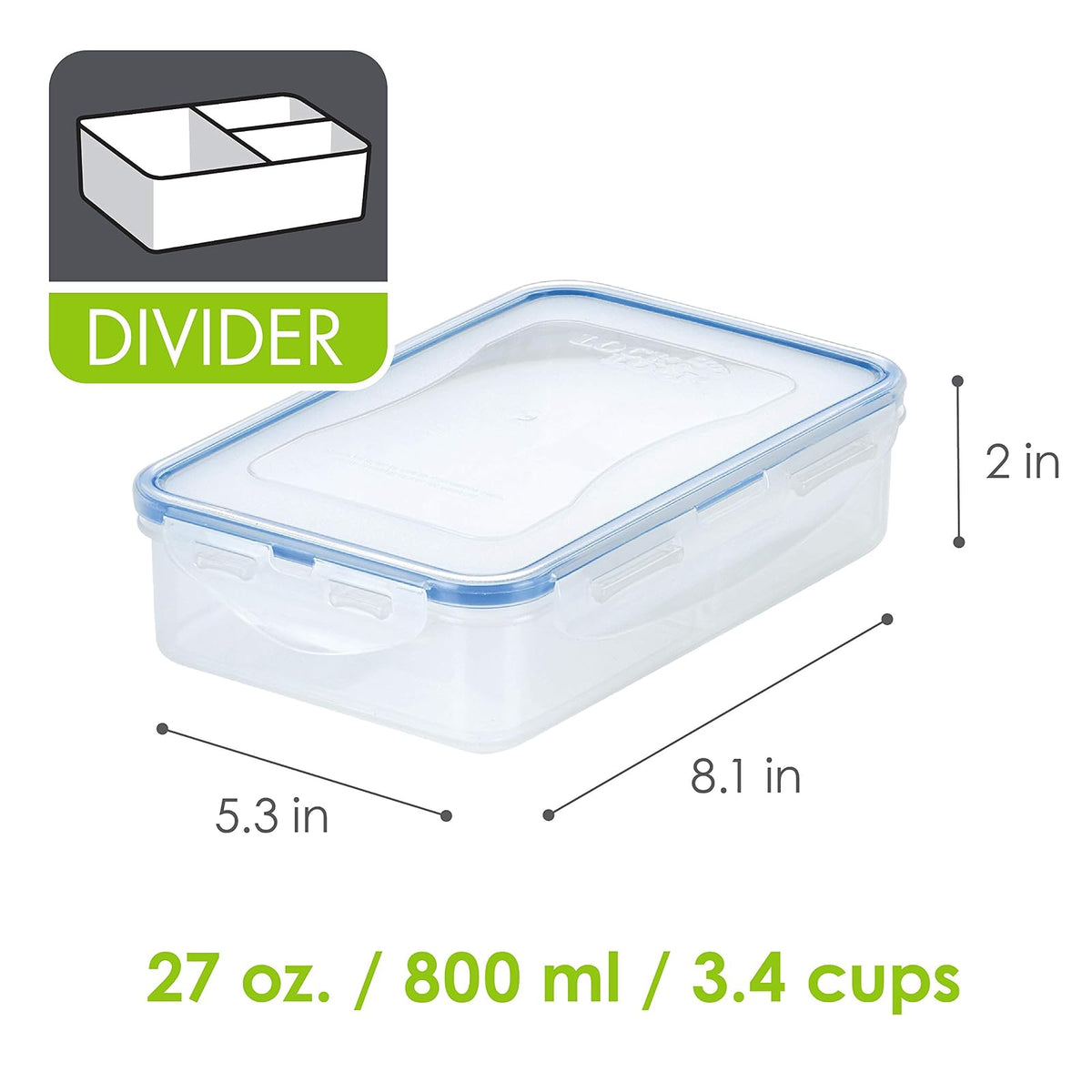 Lock & Lock Contenedor cuadrado hermético para el almacenamiento de alimentos, Transparente, 8.1 x 5.3 x 2" With Divider, 1