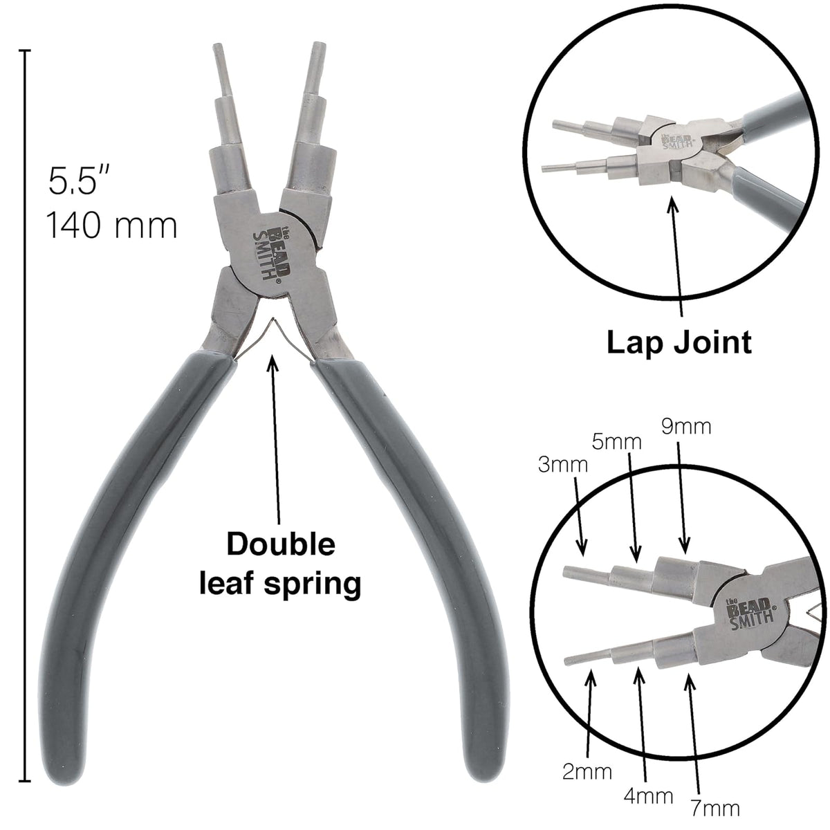 The Beadsmith Alicates para bucles de alambre: Crea bucles y anillos de salto en 6 tamaños (de 2 a 9 mm), 140 mm de largo, cabeza de acero pulido y mango cómodo de PVC.