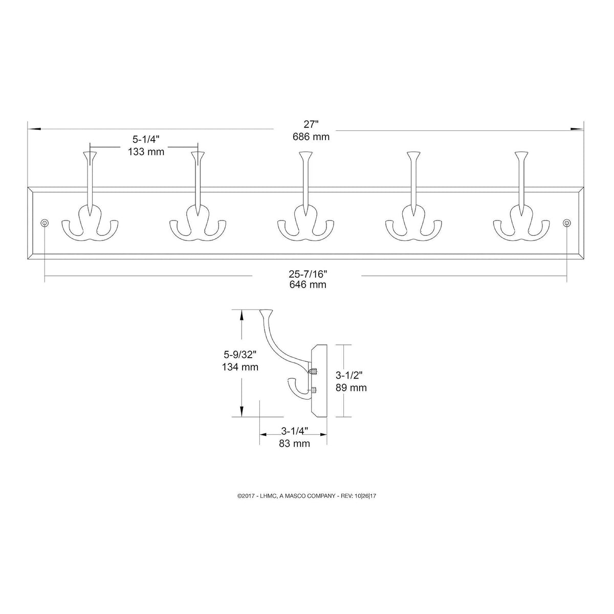 Franklin Brass FBLDFT5-BSE-R - Riel de 5 tri-ganchos anchos en negro y níquel satinado, Transicional, 27 inch rail with 5 Flared Hooks, blanco, satén, niquel, (Flat White and Satin Nickel)