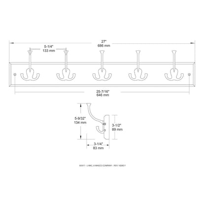 Franklin Brass FBLDFT5-BSE-R - Riel de 5 tri-ganchos anchos en negro y níquel satinado, Transicional, 27 inch rail with 5 Flared Hooks, blanco, satén, niquel, (Flat White and Satin Nickel)