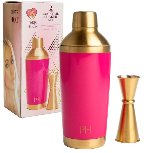Paris Hilton - Juego de coctelera de 2 piezas, doble pared aislada de acero inoxidable con colador integrado y jigger de doble cara, 20 onzas, dorado y rosa intenso