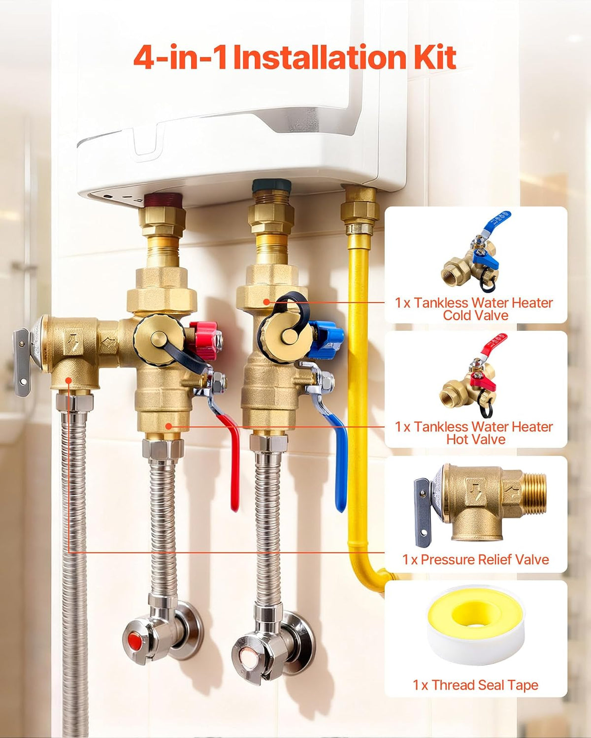 VEVOR Kit para Calentador de Agua, Kit de válvula de Servicio para Calentador de Agua sin Tanque de 3/4 Pulgadas con 2 válvulas de Aislamiento de 3/4″ NPT a 3/4″ NPT, válvula de Alivio de presión