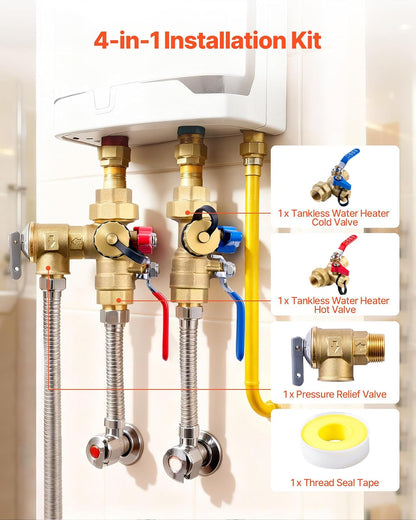 VEVOR Kit para Calentador de Agua, Kit de válvula de Servicio para Calentador de Agua sin Tanque de 3/4 Pulgadas con 2 válvulas de Aislamiento de 3/4″ NPT a 3/4″ NPT, válvula de Alivio de presión
