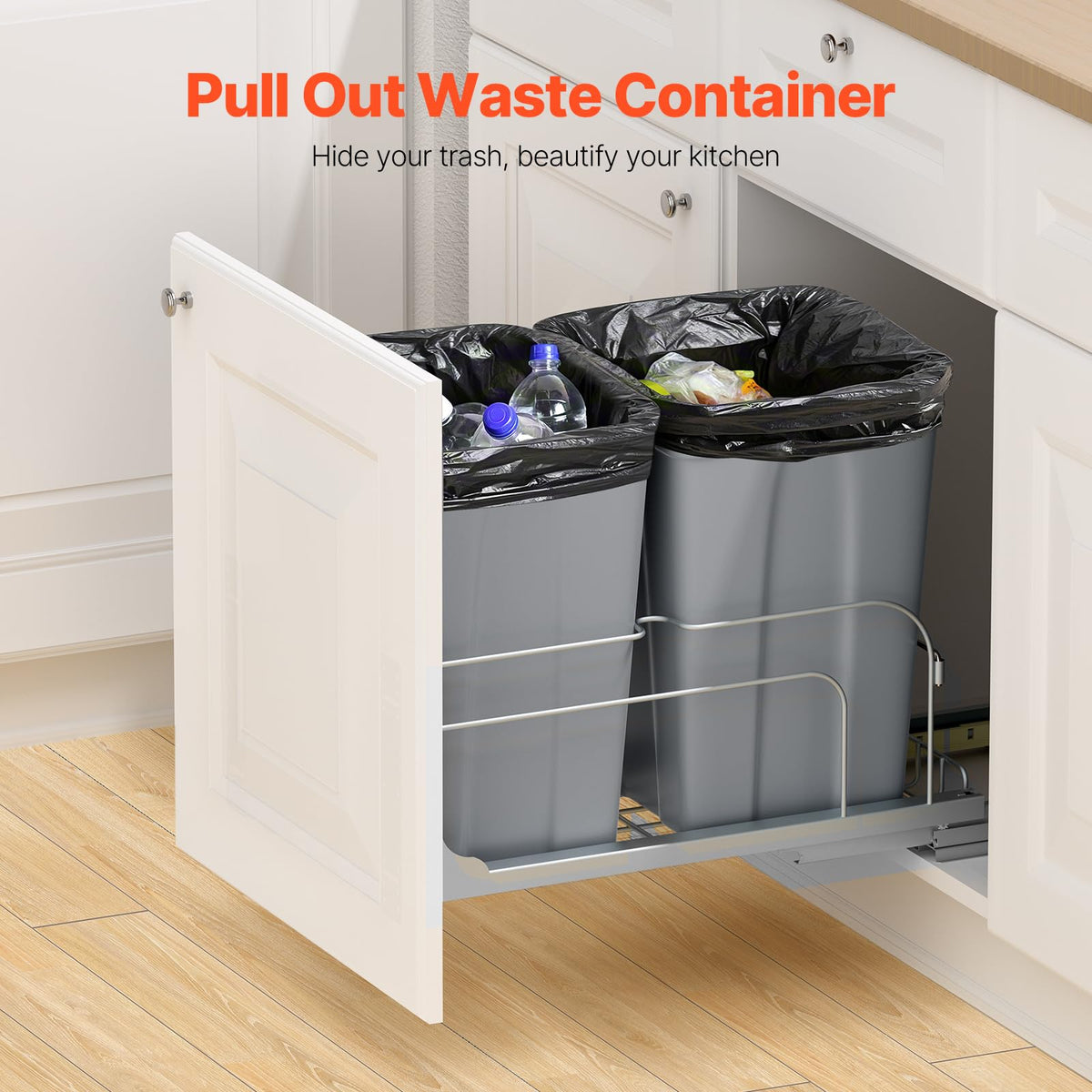 VEVOR Cubo de basura extraíble, 27 cuartos de galón x2, contenedor doble | Para residuos y reciclaje, con kit de puerta y corredera de cierre suave, para armario de cocina, fregadero, color gris.