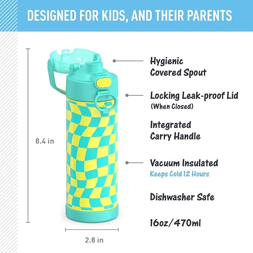 THERMOS - Botella Funtainer aislada al vacío, de acero inoxidable, de 473 ml, con tapa ancha de boquilla, color verde azulado con cuadros ondulados