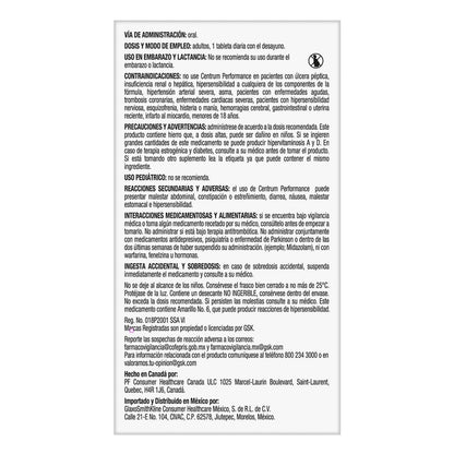 Centrum Multivitamínico Performance con Magnesio, Vitamina C, Vitamina D y Zinc 100 Tabletas