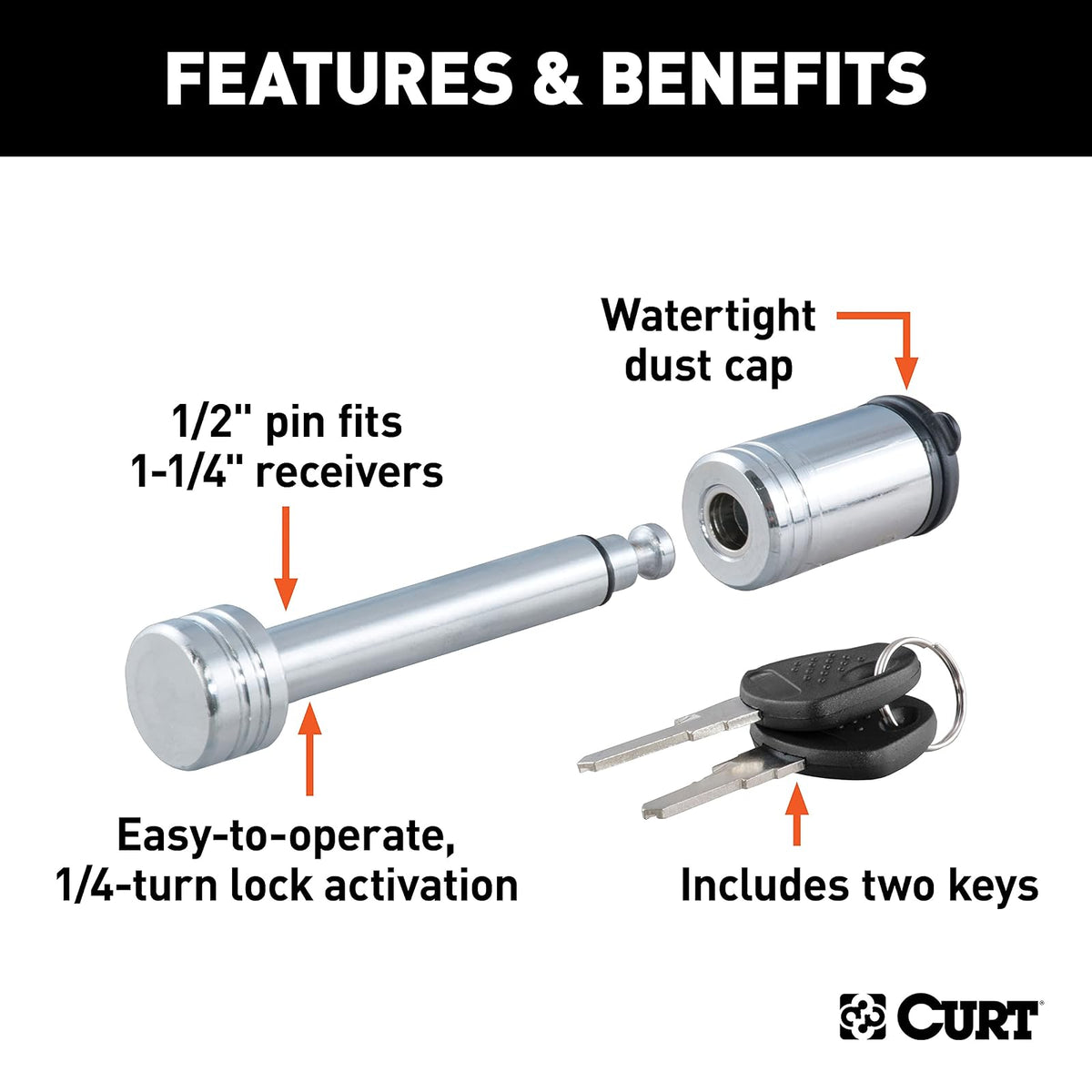 CURT 23501 Cerradura de Enganche de Remolque, Pin 1/2", Receptor 1-1/4"