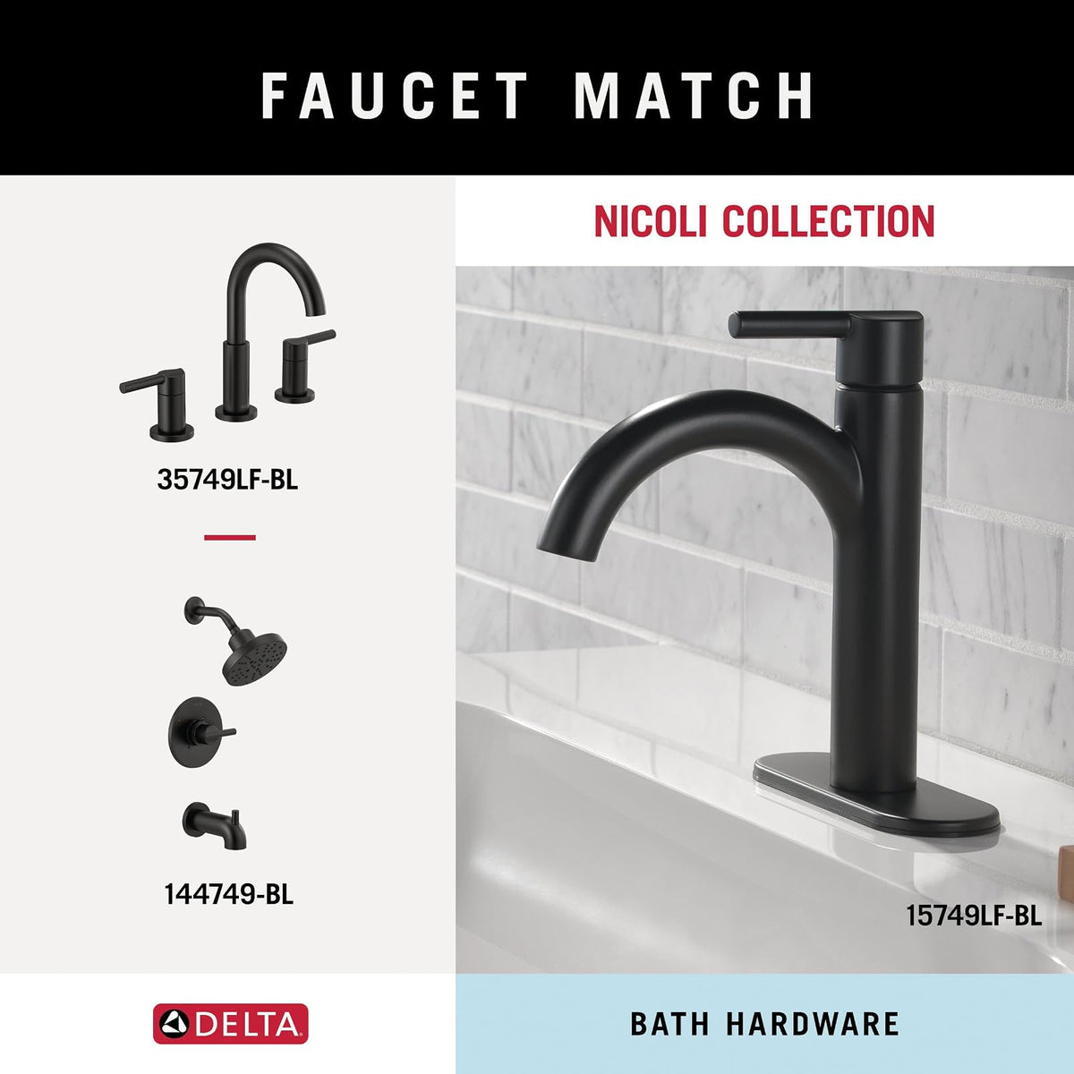 Delta Nicoli (1 Unidad), Soporte para Toallas de Mano, Color Negro Mate, para baño, Pared, Soporte Cuadrado para Toallas, Colgador de Toallas de baño, Accesorios de baño, NIC46-MB