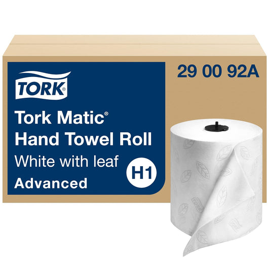 Tork Matic - Rollo de toallas de mano, color blanco con hoja gris, avanzado, H1, fibra 100% reciclada, alta absorción, capacidad media, 2 capas, 6 rollos de 560 pies - 290092A