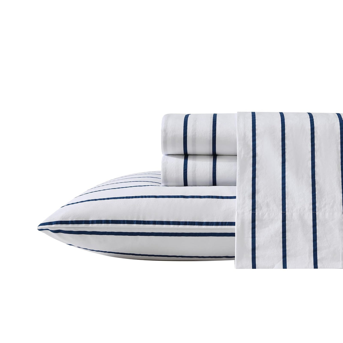 Nautica Juego de Sábanas de Percal de Algodón Estampado - Individual - Brenton Stripe Azul Marino