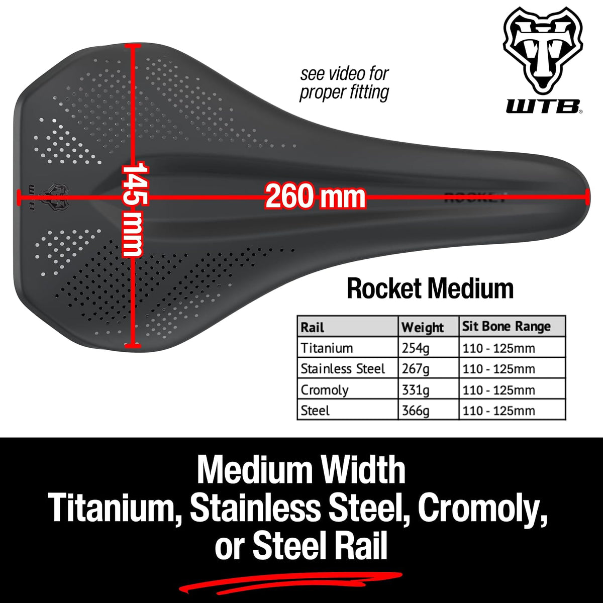 WTB Rocket - Sillín de Titanio Mediano con Forma de fusión Color Negro