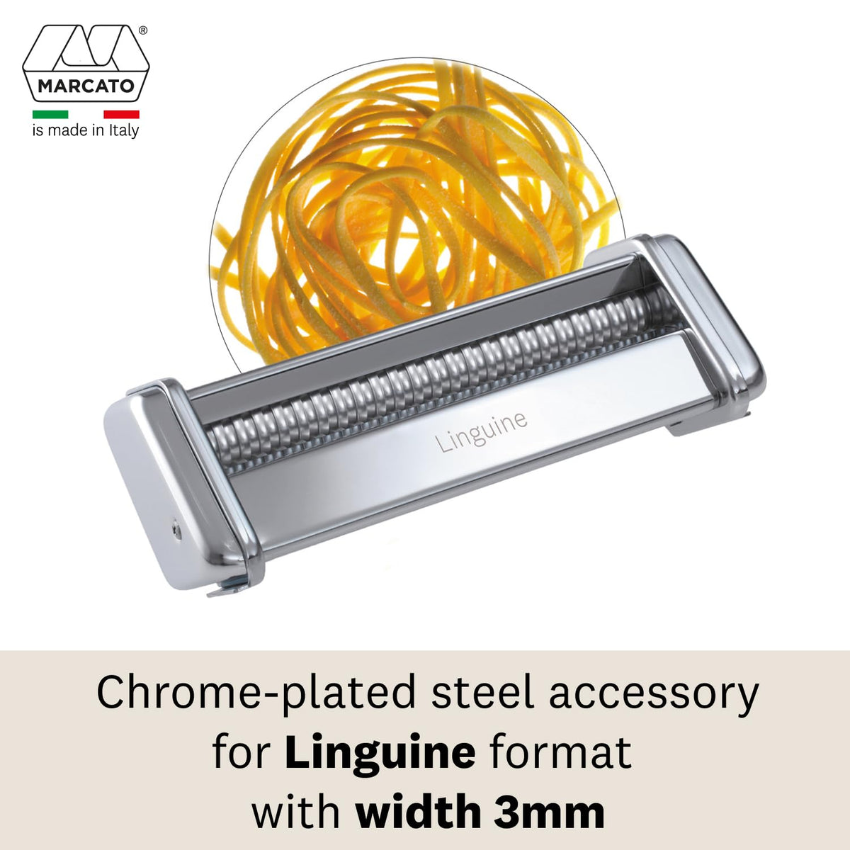 Marcato Accesorio para máquina de pasta linguine, corte de 3 mm, acero cromado, fabricado en Italia, compatible con Atlas 150 y motor Atlas, cortador de pasta, accesorios de cocina, forma de pasta