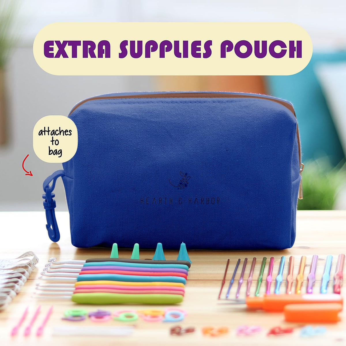 Hearth & Harbor Organizador Bolsa Ganchillo | Bag 11x16 pulgadas, capacidad 24 madejas, 13 bolsillos, puerto USB, tela duradera
