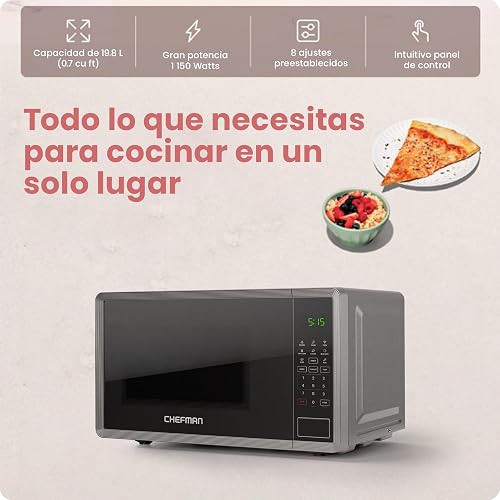 Chefman Horno De Microondas 0.7 Pies Cúbicos 8 Menús automaticos de 1150 vatios con 10 niveles de potencia, modo ecológico, memoria, función de silencio