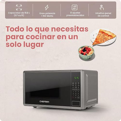 Chefman Horno De Microondas 0.7 Pies Cúbicos 8 Menús automaticos de 1150 vatios con 10 niveles de potencia, modo ecológico, memoria, función de silencio
