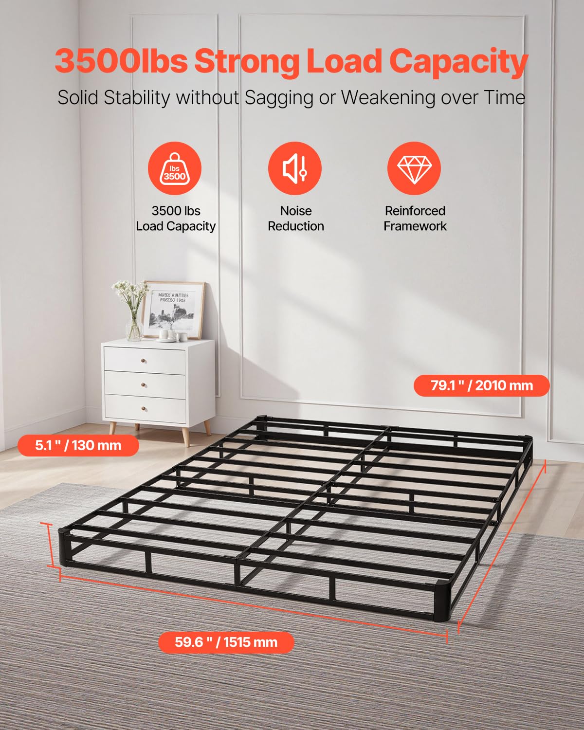VEVOR - Somier de cama tamaño Queen con tela lavable, marco de metal resistente para cama Queen, base de colchón de 5 pulgadas, capacidad máxima de peso de 3500 libras, fácil montaje, 79.1 pulgadas de
