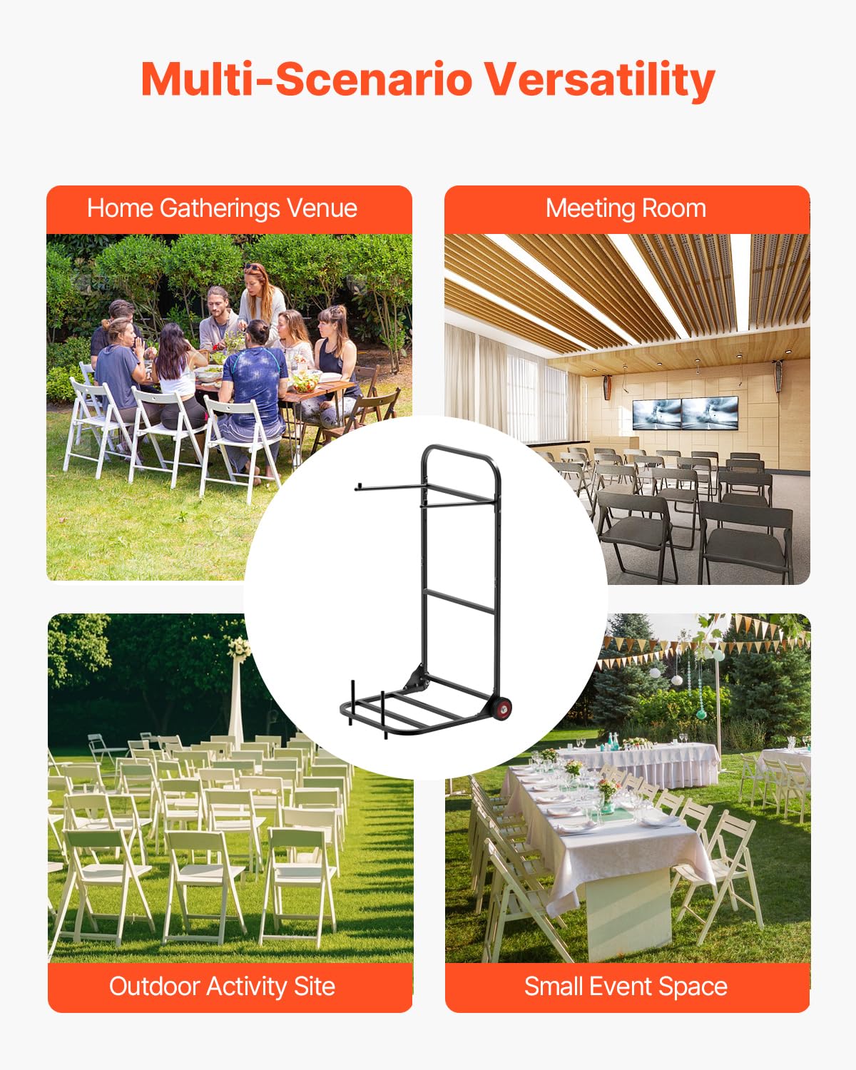 VEVOR Estante para Sillas Plegable, Capacidad de 45 kg, Carrito Resistente para Colgar 10 Sillas, Carrito de Almacenamiento de Metal con Ruedas de Goma, Soporte para Sillas Tipo Empuje, Negro Mate