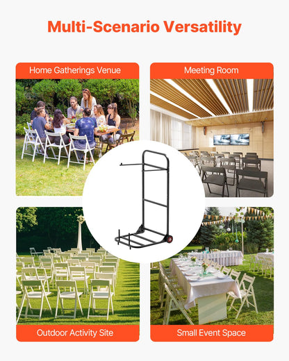 VEVOR Estante para Sillas Plegable, Capacidad de 45 kg, Carrito Resistente para Colgar 10 Sillas, Carrito de Almacenamiento de Metal con Ruedas de Goma, Soporte para Sillas Tipo Empuje, Negro Mate