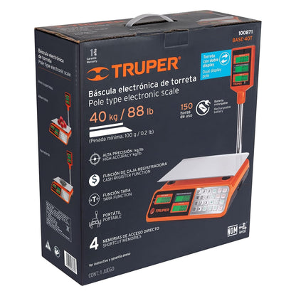 Truper BASE-40T Báscula electrónica multifunciones con torreta, 40 kg