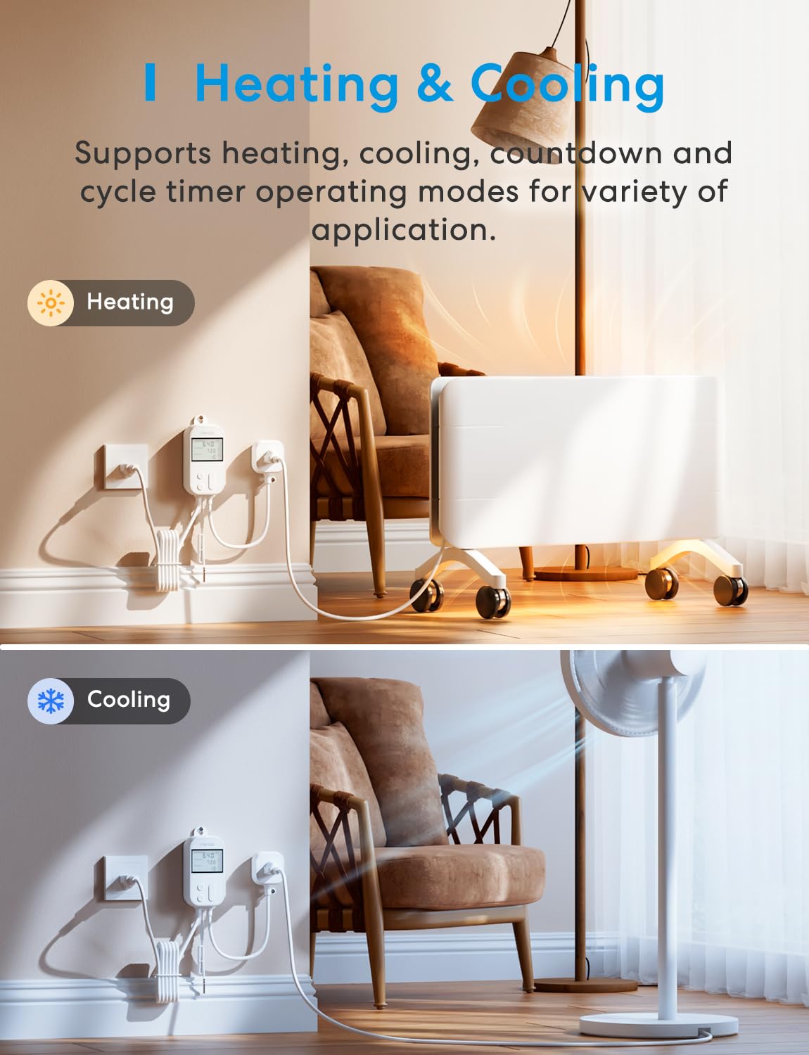 meross - driver de temperatura inteligente de 15 A, 1800 W, enchufe inteligente con control de termostato Wi-Fi, funciona con Apple Home, Alexa, Google Home para calefacción, enfriamiento