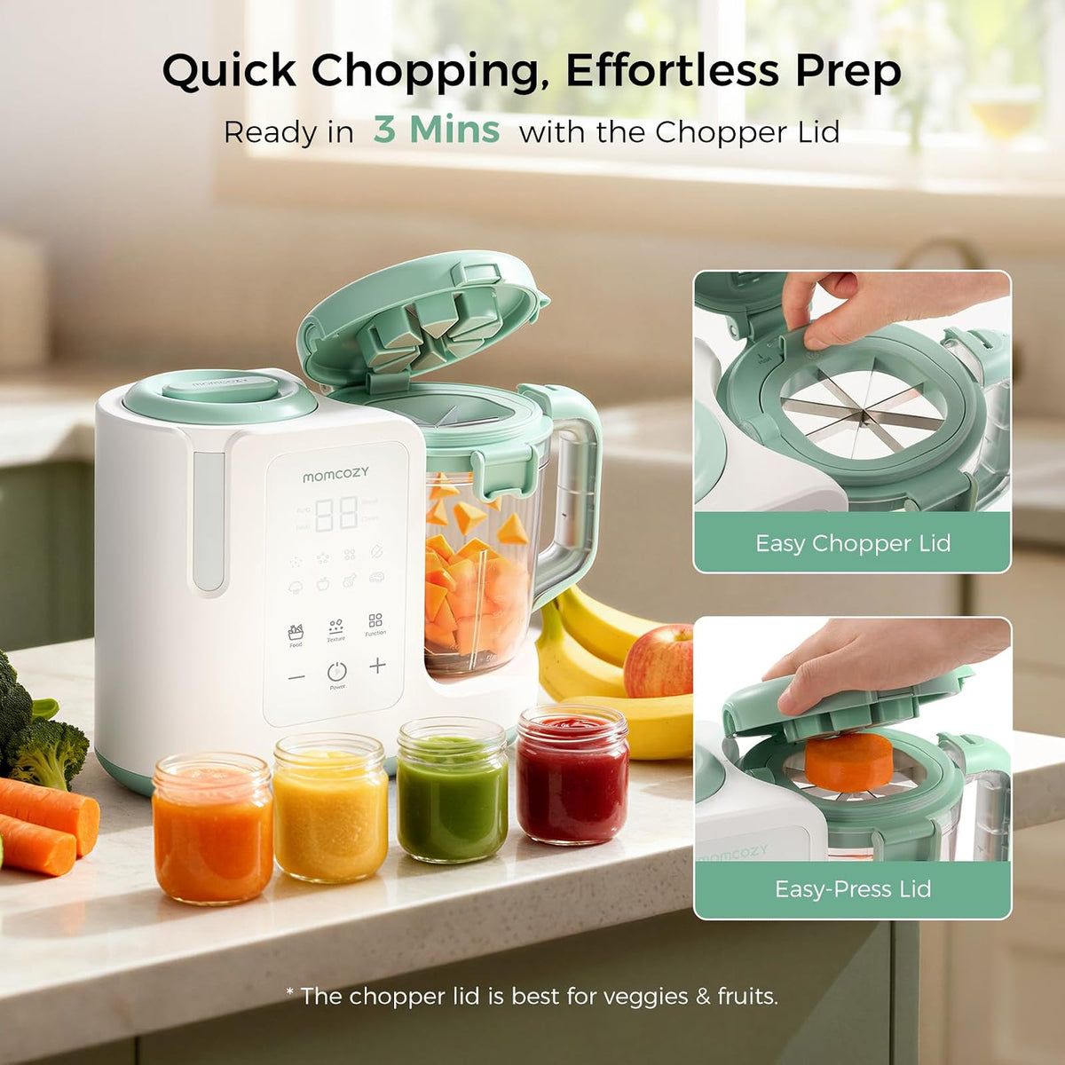Momcozy AutoMeal Procesador de Alimentos para Bebé – Vapor y Licuado Automático, Vaso 15oz, 6 Cuchillas, Auto-limpieza, 3 Texturas para Papillas Caseras
