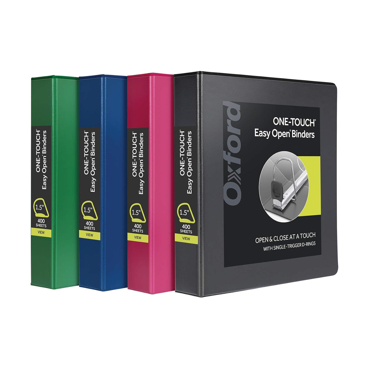 Oxford - Carpeta de 3 anillas, carpetas para la escuela, anillos en D fáciles de abrir de 1.5 pulgadas, fundas de carpeta con vista de 3 lados, bisagra Xtralife, antiadherente, sin PVC, varios