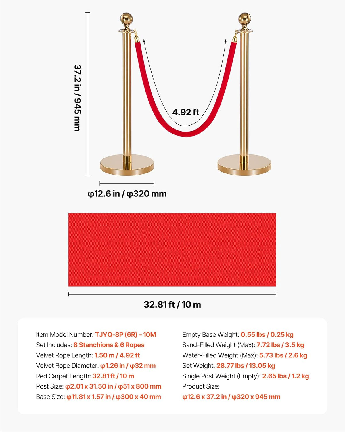 VEVOR Poste Guía de Barrera 8 Piezas con 6 Cuerdas de Terciopelo y Alfombra Roja, Barrera de Marcado de Control con Base, para Cola de Separación de Demarcación en Teatro Hotel Exposición, Dorado