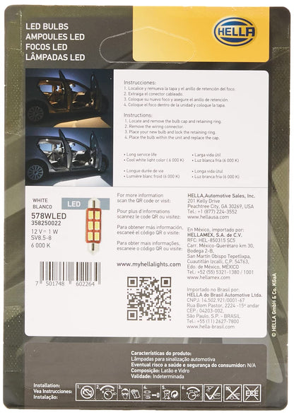 Hella 358250022 Foco Mini LED 578 Luz Blanca de 6000K para Uso en Interiores 12V 1W, Blíster con 1 Foco