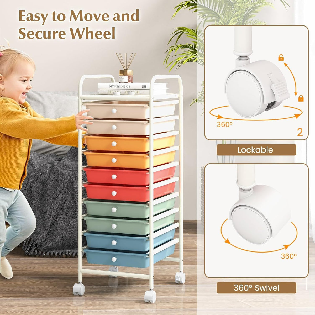 OFFICEJOY - Carrito de almacenamiento con 10 cajones, asas portátiles y ruedas con bloqueo, organizador de almacenamiento de juguetes de papel móvil de gran capacidad para el hogar, oficina, profesor