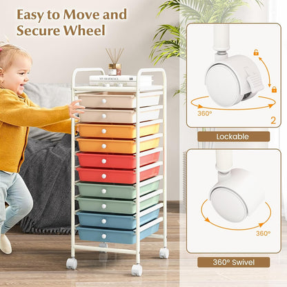 OFFICEJOY - Carrito de almacenamiento con 10 cajones, asas portátiles y ruedas con bloqueo, organizador de almacenamiento de juguetes de papel móvil de gran capacidad para el hogar, oficina, profesor
