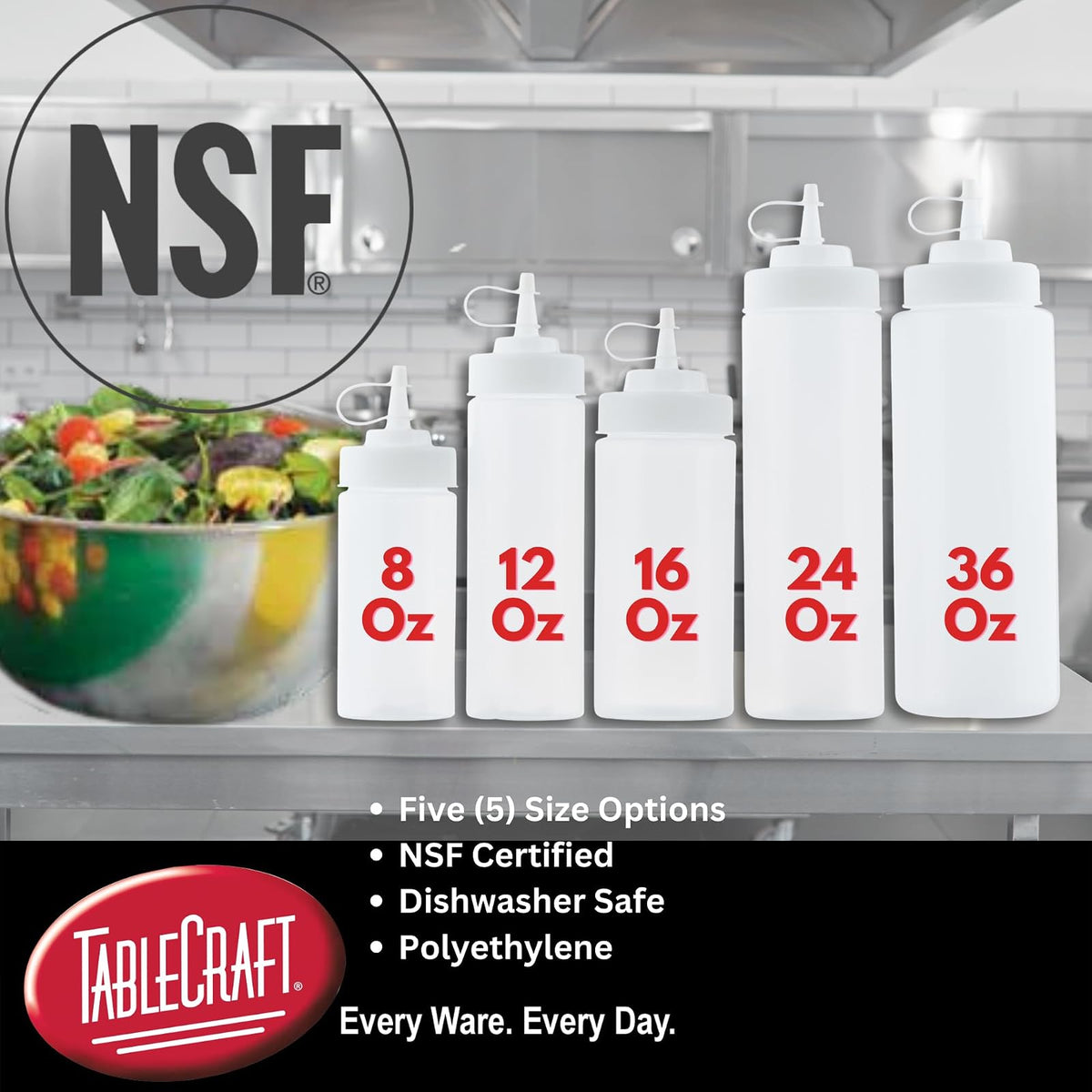 12633 - Botellas exprimidoras de condimentos, apertura de 63 mm, punta de cono, tapa atada, dispensadores de salsa transparente para preparación de alimentos, 24 onzas (710 ml), NSF, fabricado en
