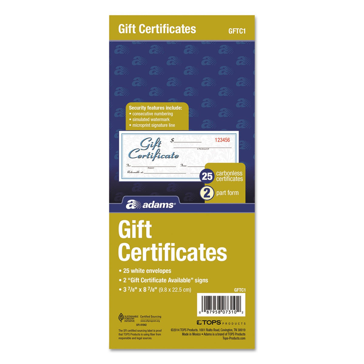 Adams Libro de certificado de regalo, sin carbono, papel individual, 8,3 x 20,3 cm, blanco/canario, 2 piezas, 25 certificados numerados más letrero de tienda (GFTC1)