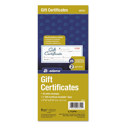 Adams Libro de certificado de regalo, sin carbono, papel individual, 8,3 x 20,3 cm, blanco/canario, 2 piezas, 25 certificados numerados más letrero de tienda (GFTC1)