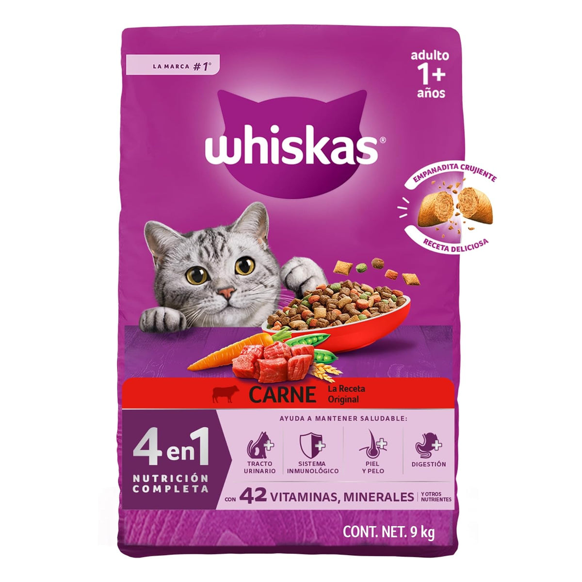 Whiskas Alimento Seco para Gatos Adultos 4 en 1, 100% Nutrición Completa y – Sabor Carne 9kg