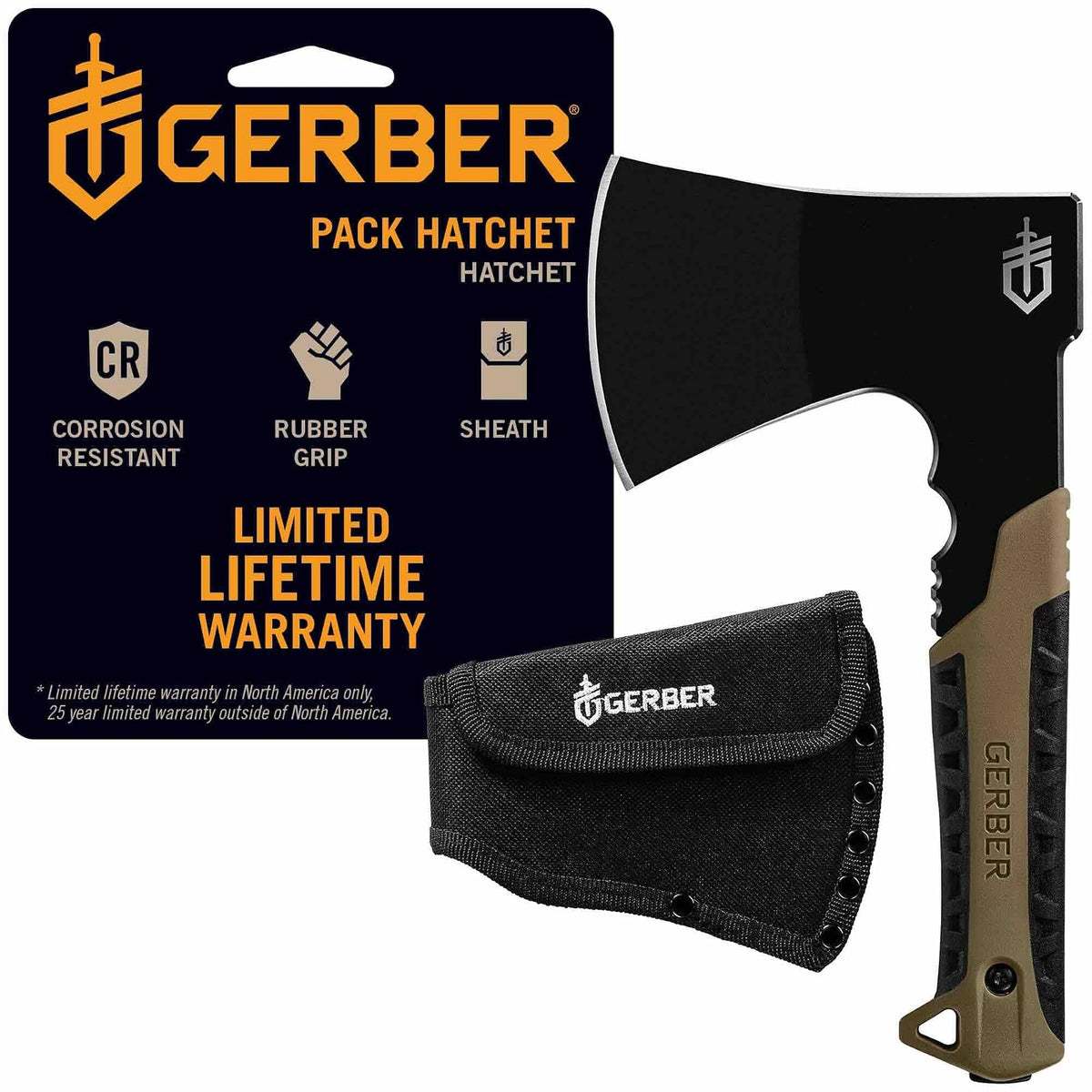 Gerber Pack - Hacha para Acampar | Hoja de acero de espiga completa, funda de nailon montable, hacha de supervivencia compacta, hacha de bushcraft