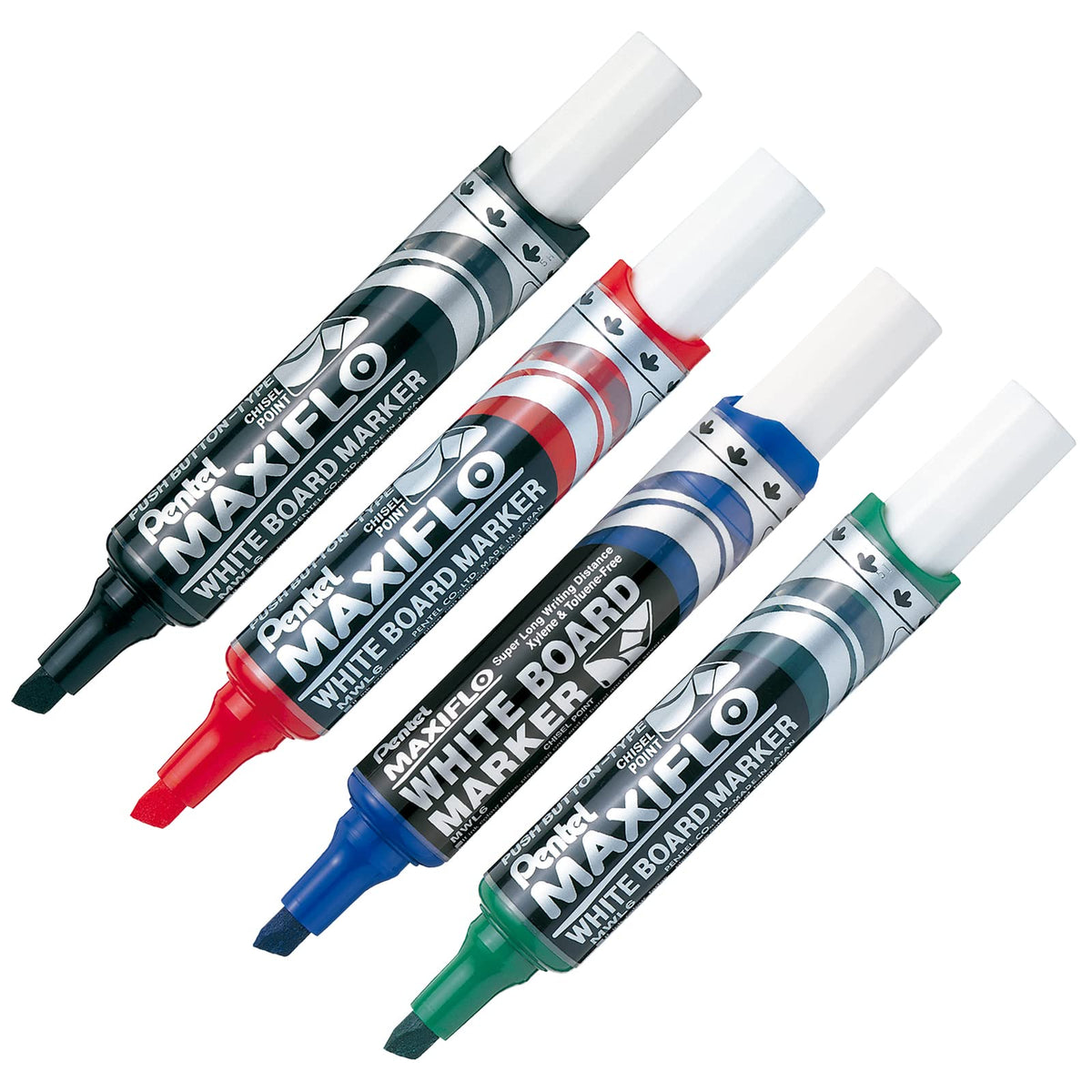 Marcador Pentel MaxiFlo para Pizarrón Blanco Tecnología Tinta Continua Blíster Pack con 04 Piezas Color MIX-MWL6BP4-M