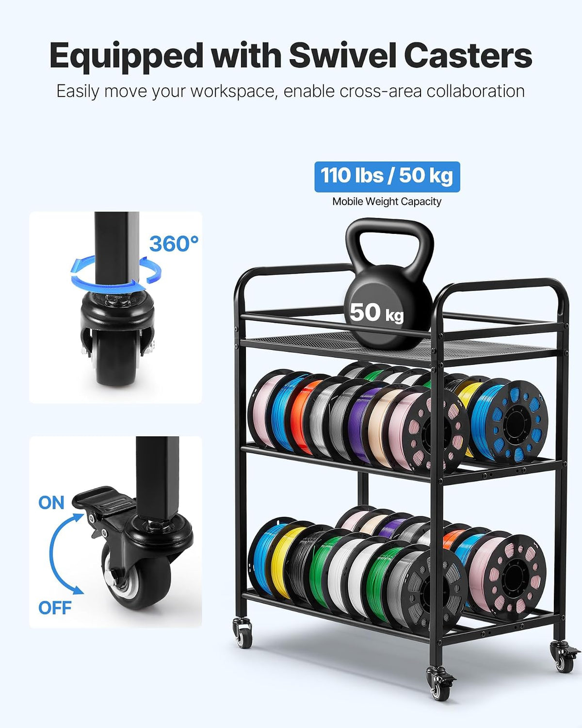 VEVOR Estante de Almacenamiento de Filamentos de 3 Niveles para Impresión 3D Soporte de Metal para Bobinas de Filamento con Ruedas 680 x 400 x 880 mm para Estudios, Talleres, Oficinas, Negro
