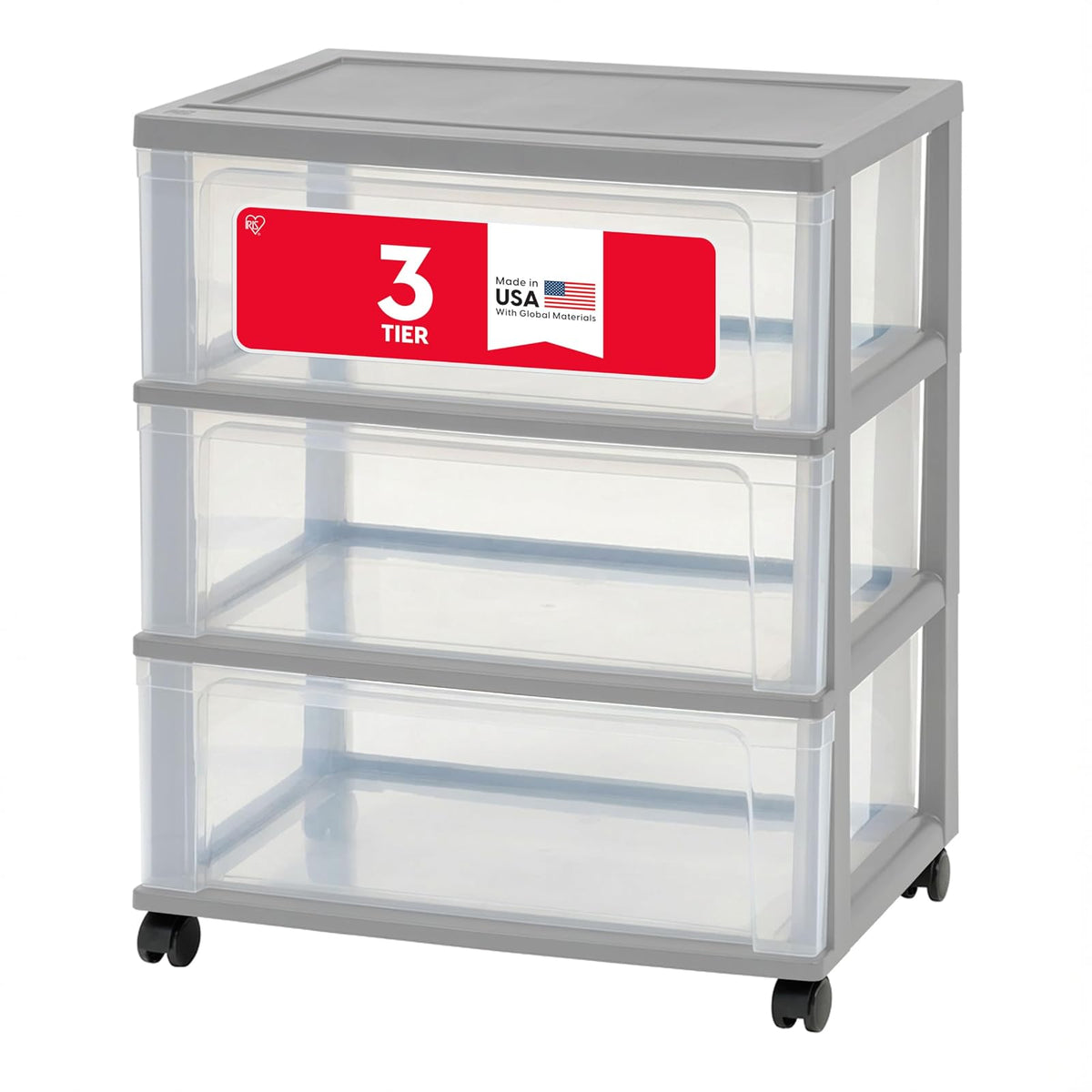 IRIS USA Carrito Organizador Ancho de 3 Cajones con Ruedas, Gris | Guarda ropa, toallas, artículos de oficina, manualidades y artículos del hogar con almacenamiento organizado