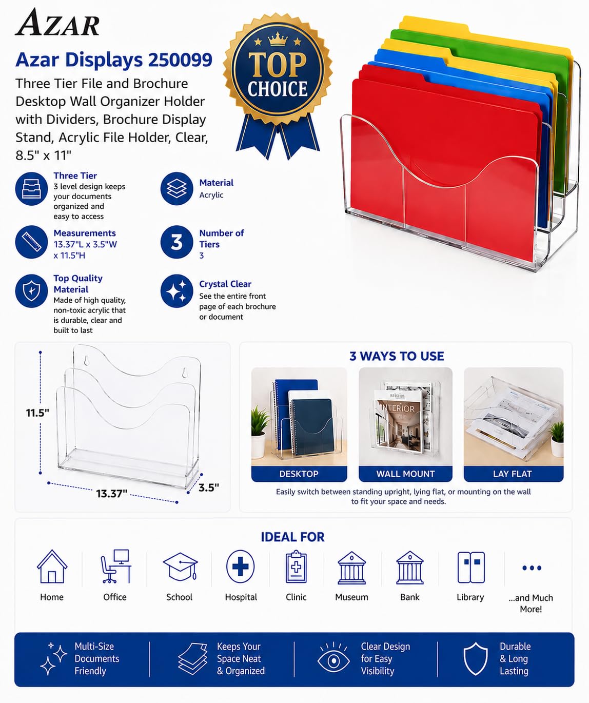 Azar Displays 250099 - Soporte organizador de pared de computadora con divisores para folletos y archivos, soporte de archivo acrílico, transparente